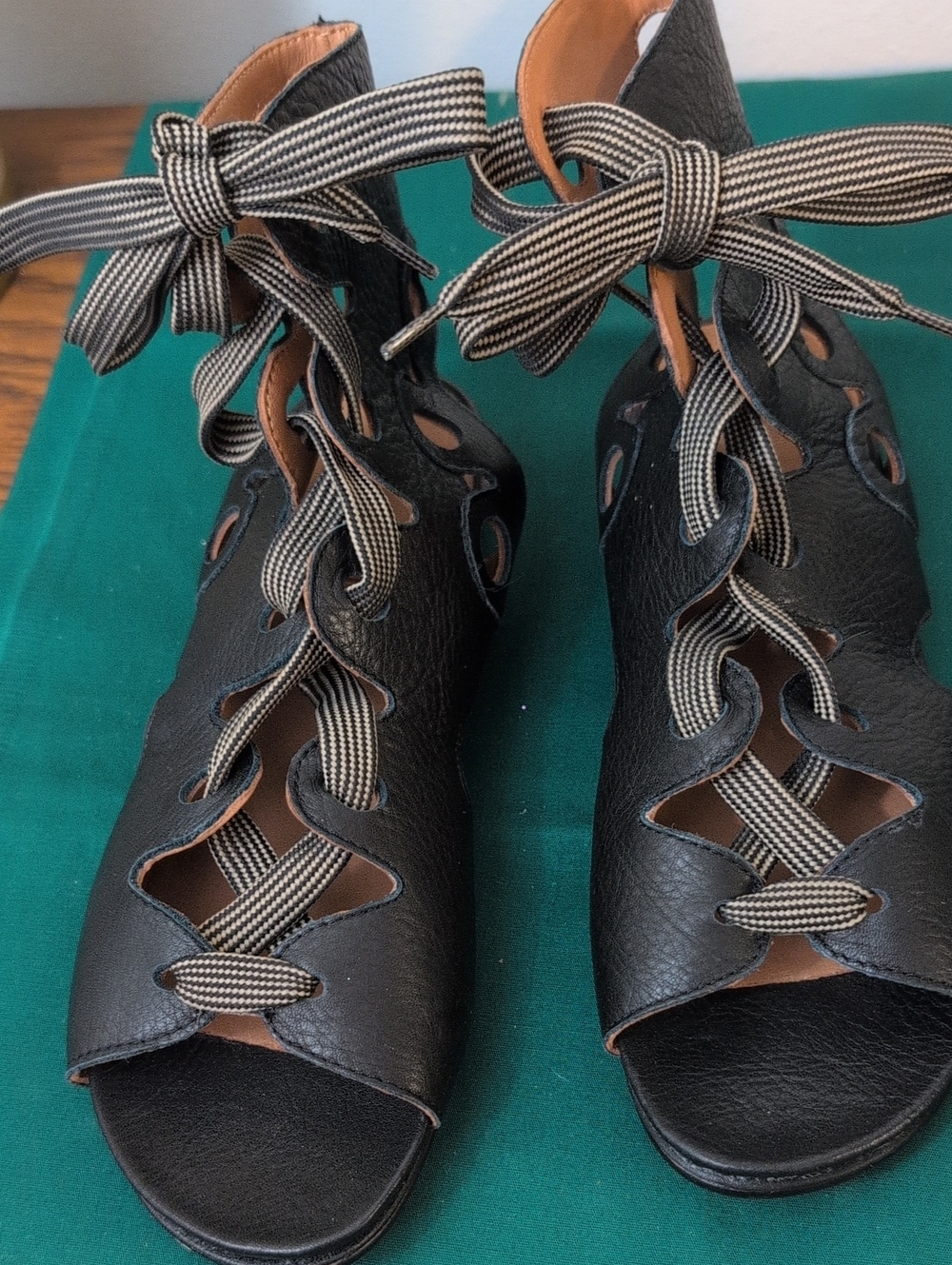 Women's Black Lace-Up Peep Toe Sandals with Striped Ribbon Ties